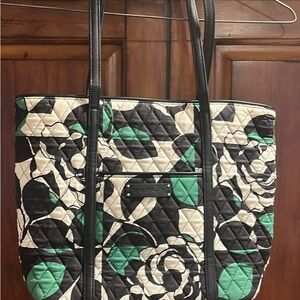 Quilted Floral Tote Bag in Black, White & Green Vera Bradley